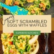 soft scrambled eggs cooking in a pan with tomato and spinach and on waffles