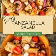 panzanella bread salad with tomatoes, cheese, onions in a dish and wooden bowl