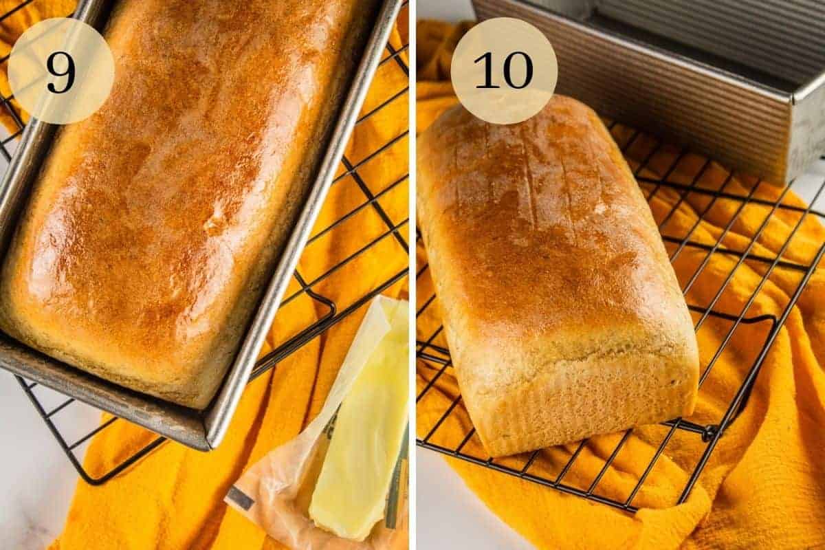 loaf of bread in a pan with stick of butter and then cooling on a rack