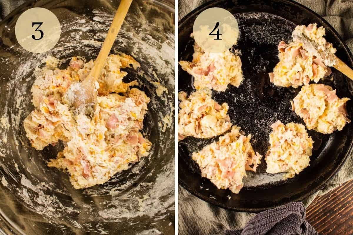 ham and cheese biscuit dough in a bowl with a spoon and being dropped into a cast iron skillet