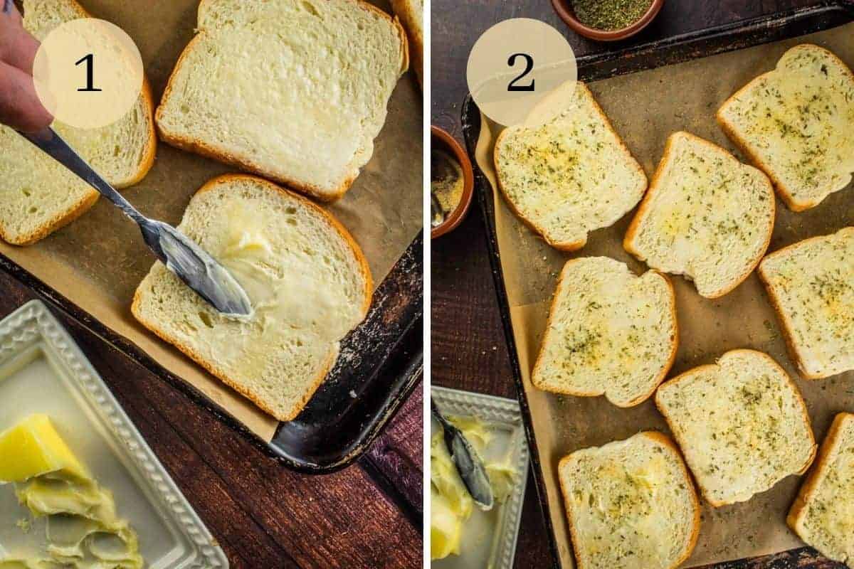 knife spreading butter on bread and buttered bread sprinkled with garlic powder and italian seasoning.