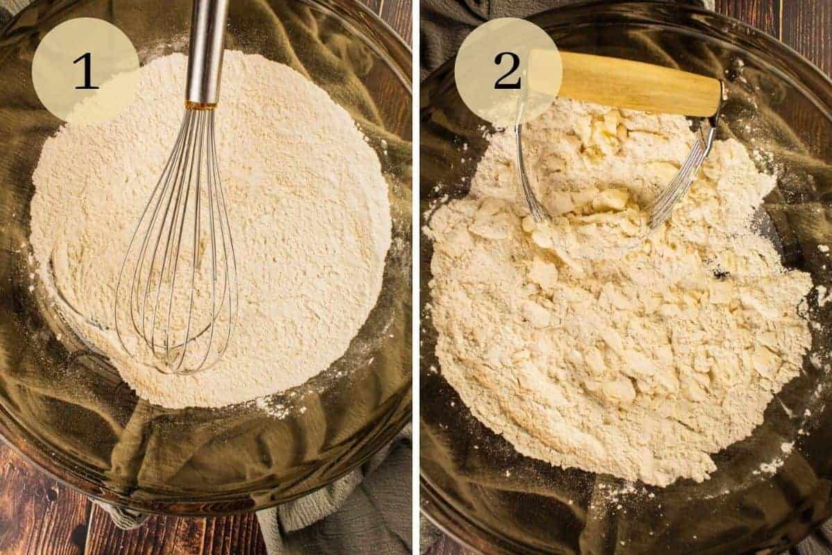 whisking flour in a bowl and cutting butter into flour with a pastry cutter
