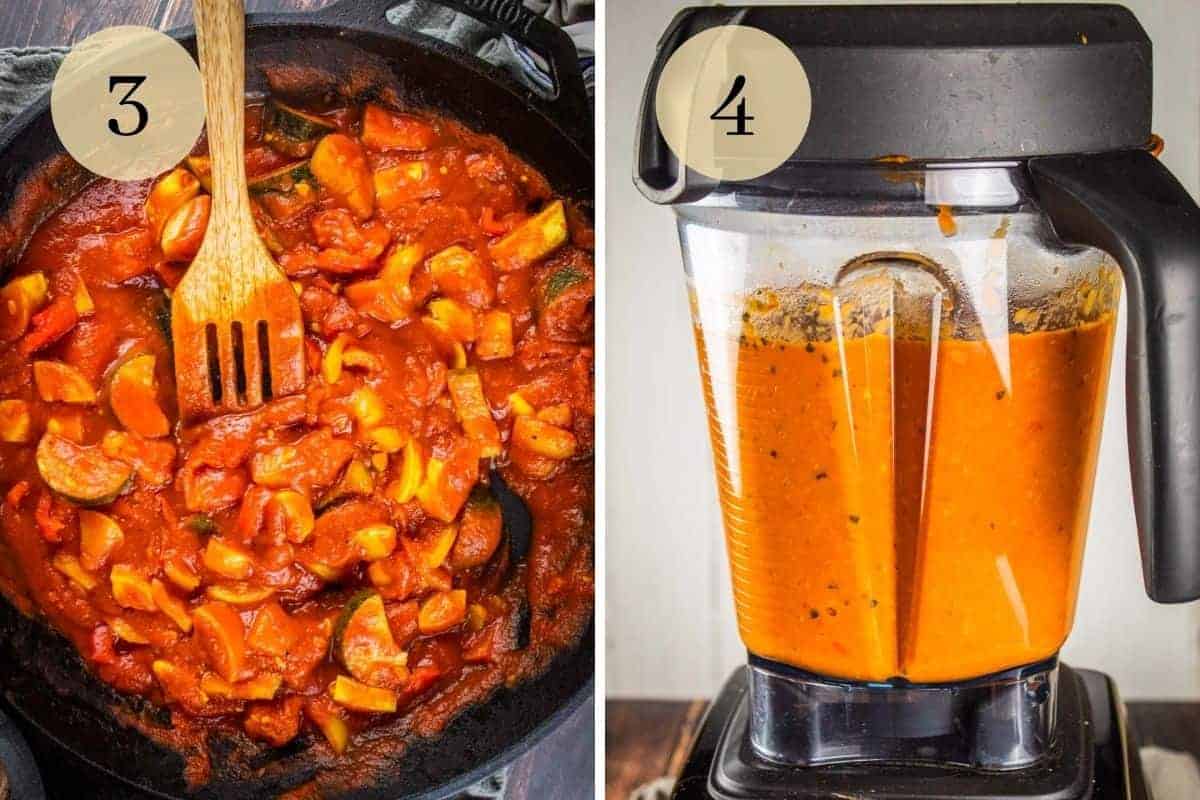 wooden spatula stirring tomato sauce and veggies and blended sauce in a blender