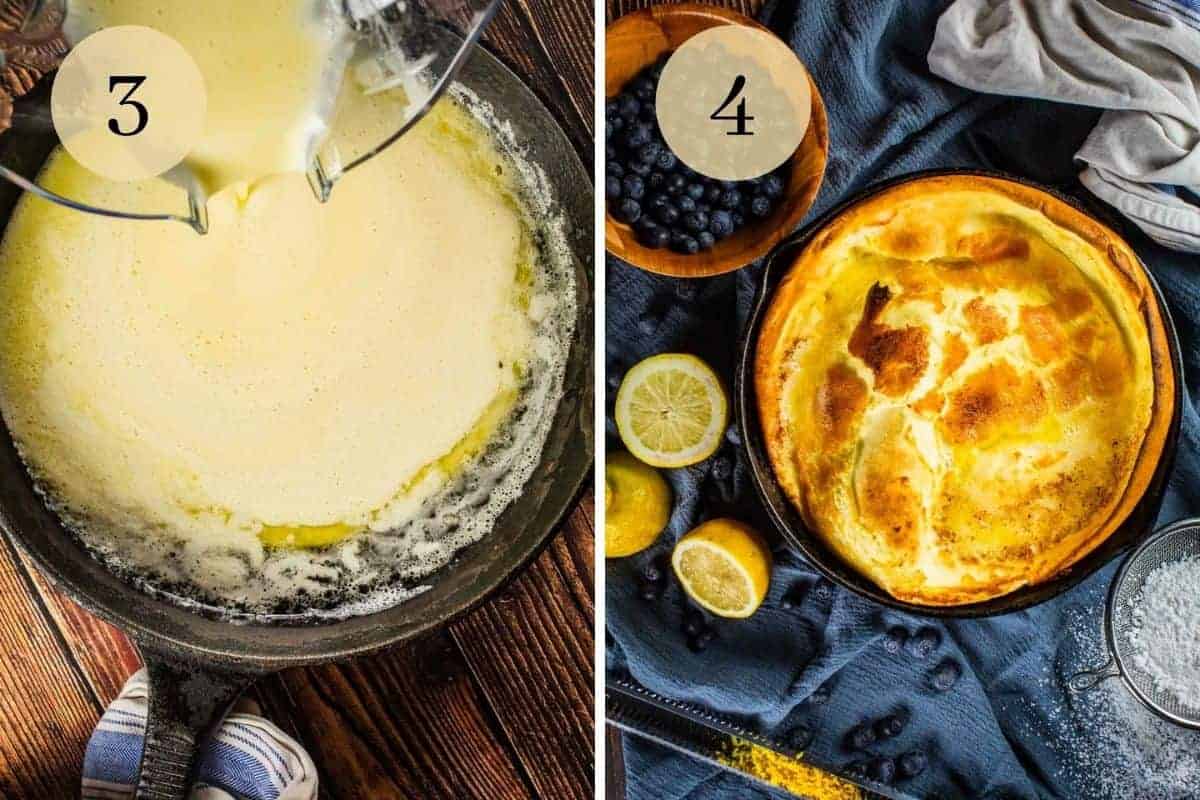 batter being poured into a cast iron skillet and cooked dutch baby in a skillet