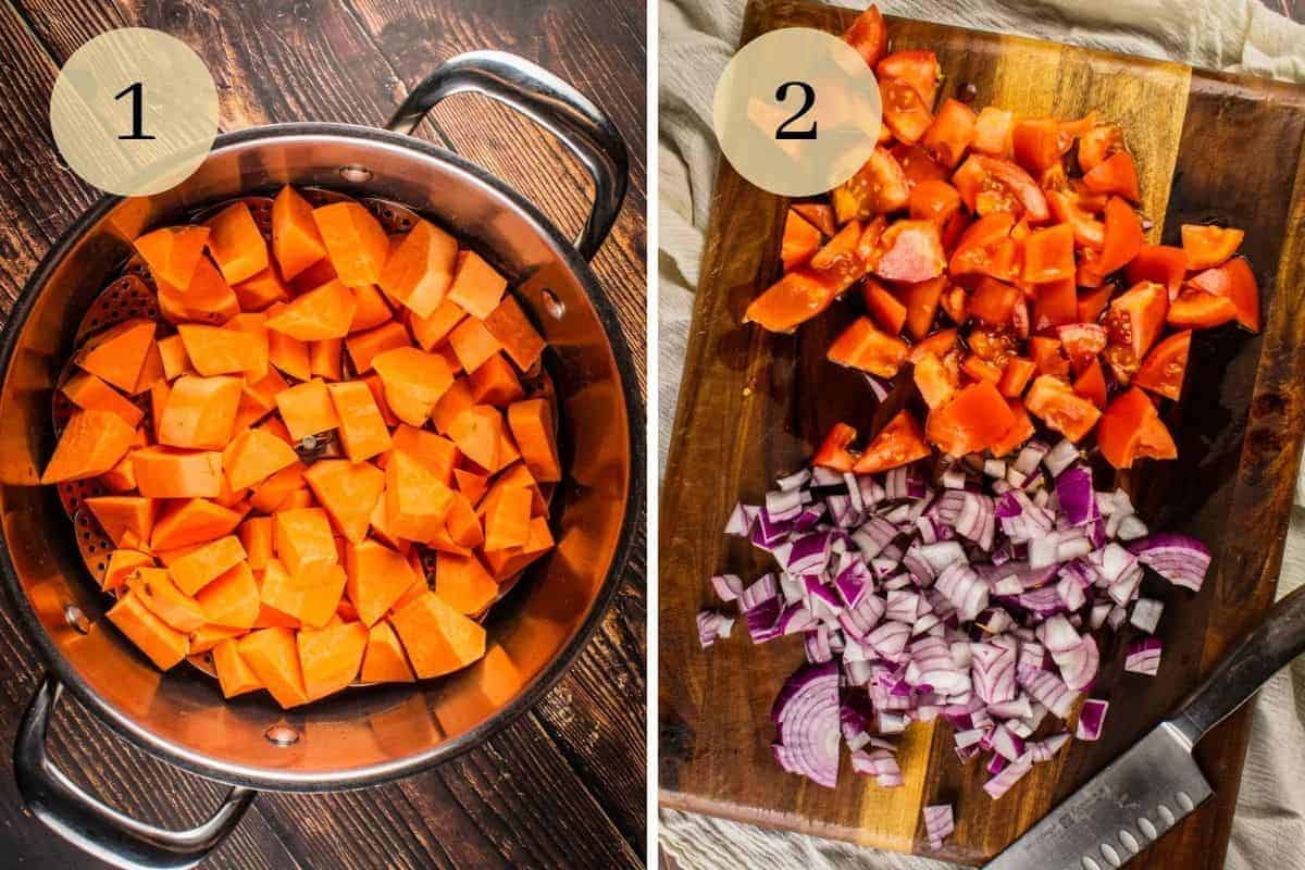 chopped sweet potatoes in a pot and chopped red onion and tomatoes on a wooden cutting board