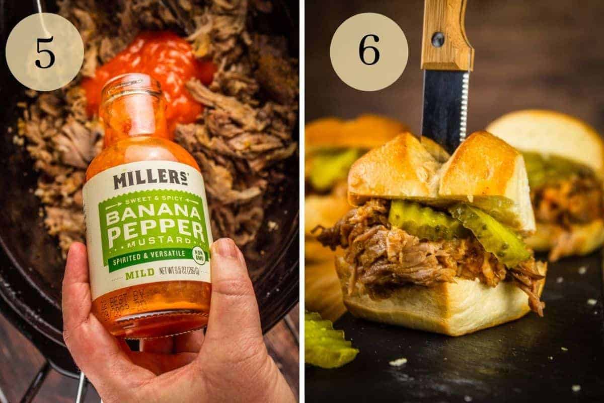 hand pouring millers mustard on pork in a slow cooker and pulled pork on a slider bun with pickles