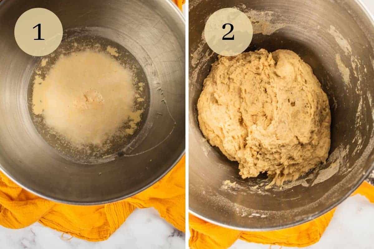 yeast, water and honey in a mixing bowl and then dough mixed in a metal bowl