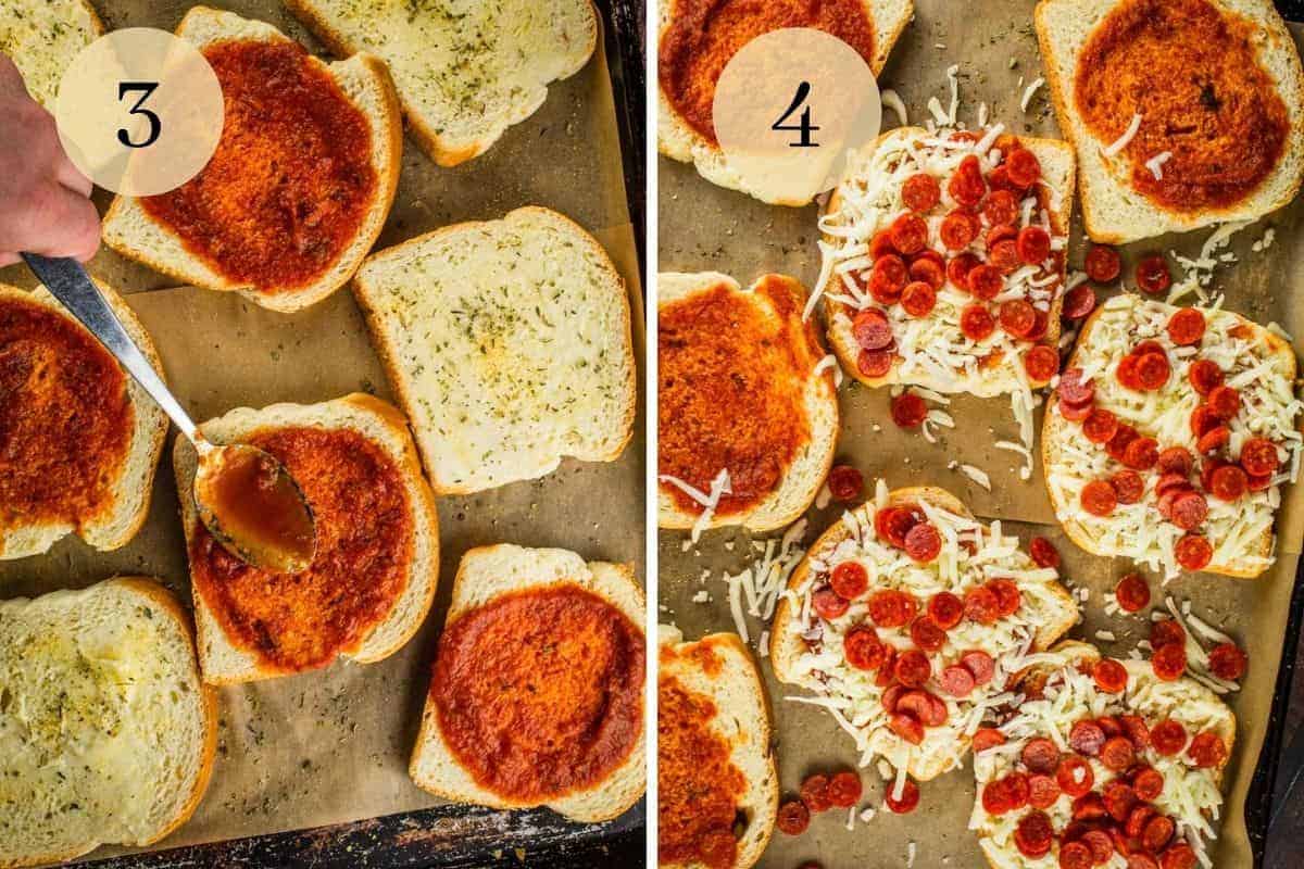 spreading marinara on bread and slices of bread topped with cheese and pepperoni.
