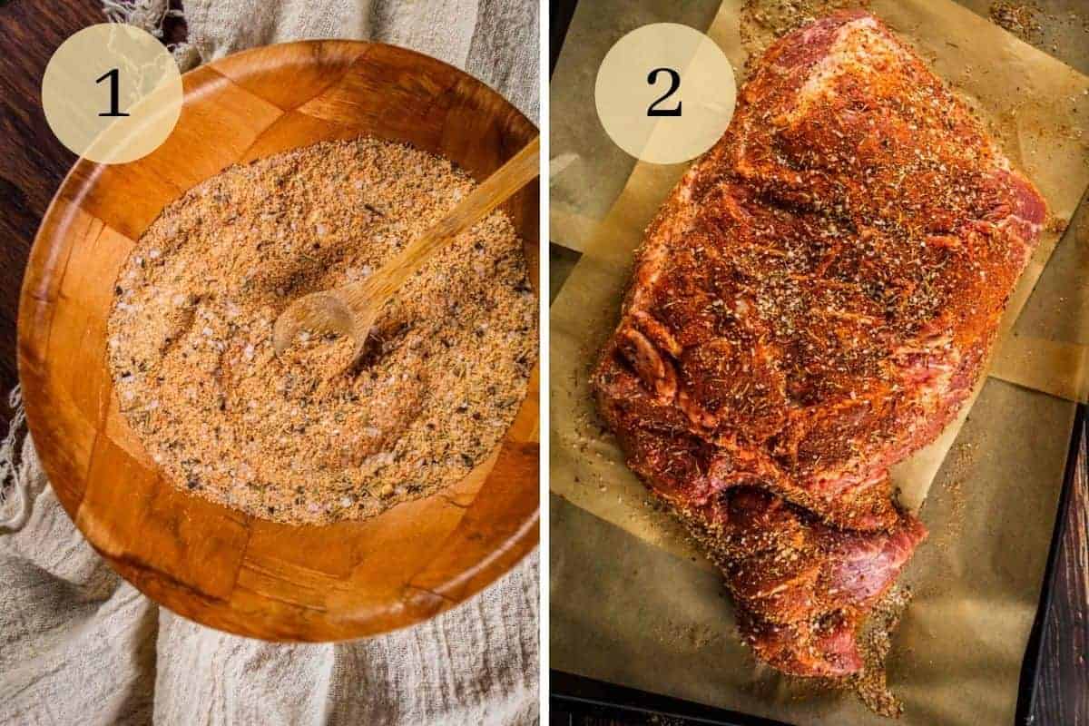 seasonings mixed together in a wooden bowl and then rubbed on a raw pork shoulder