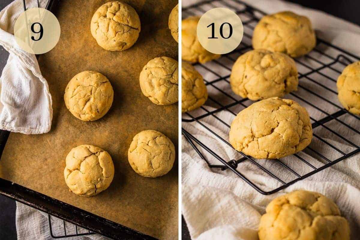 freshly baked jumbo peanut butter cookies on a sheet pan and cooling on a rack
