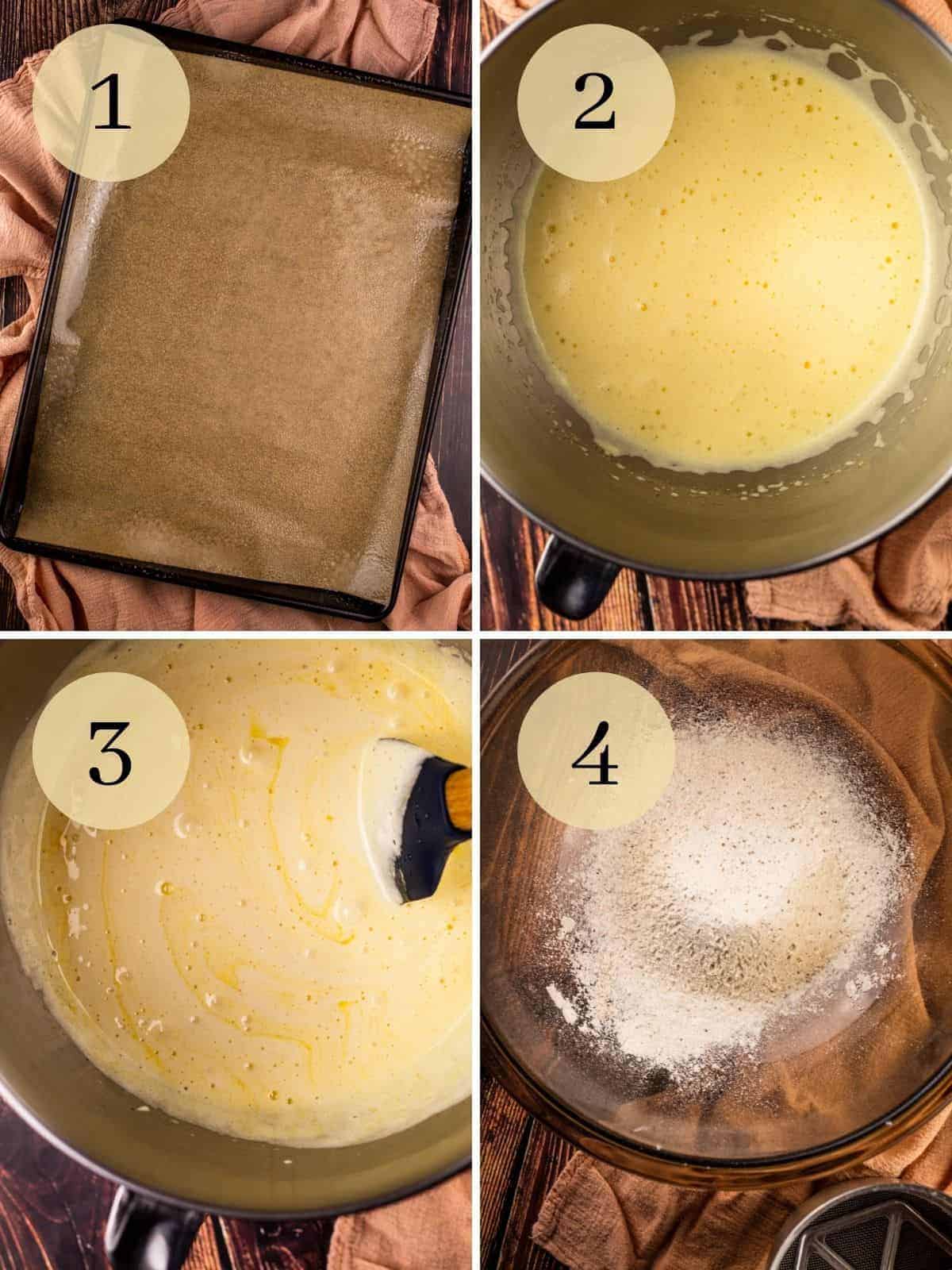 sheet pan with parchment, mixing bowl with batter and bowl with dry ingredients