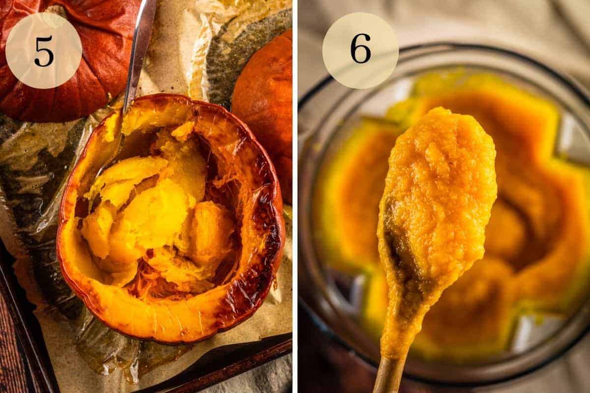 roasted pumpkin half with spoon scooping out flesh and pureed pumpkin on a wooden spoon