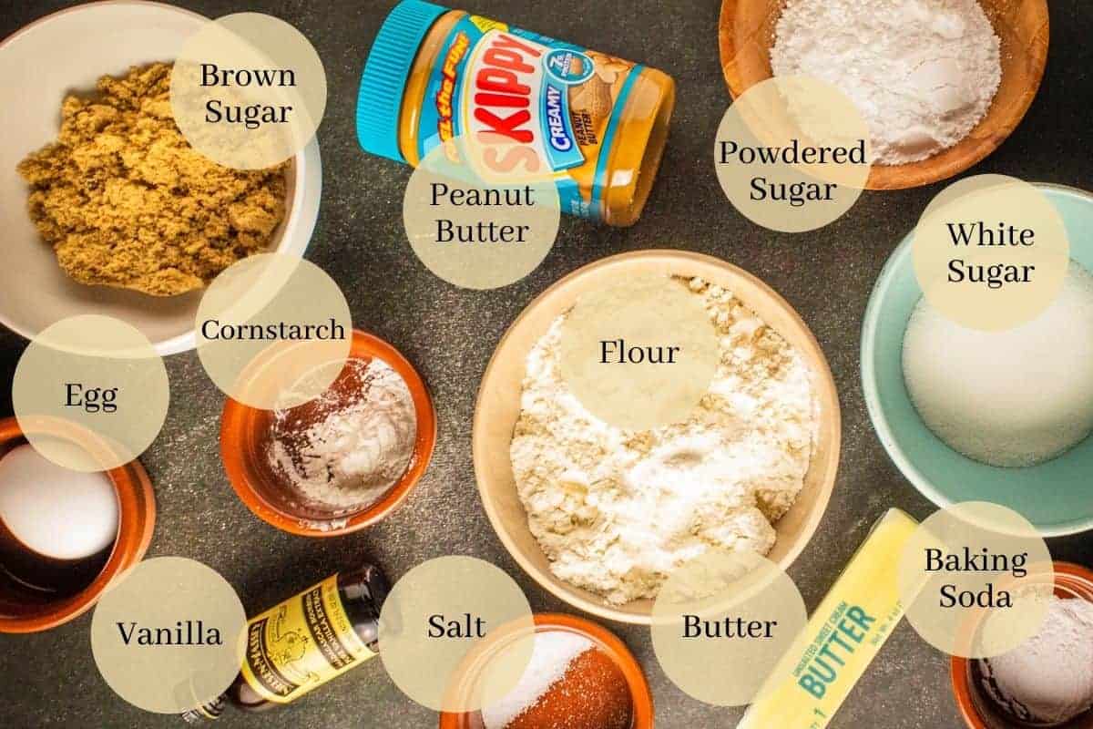 flour, powdered, white and brown sugars, cornstarch, salt, peanut butter, baking soda, butter, egg and vanilla