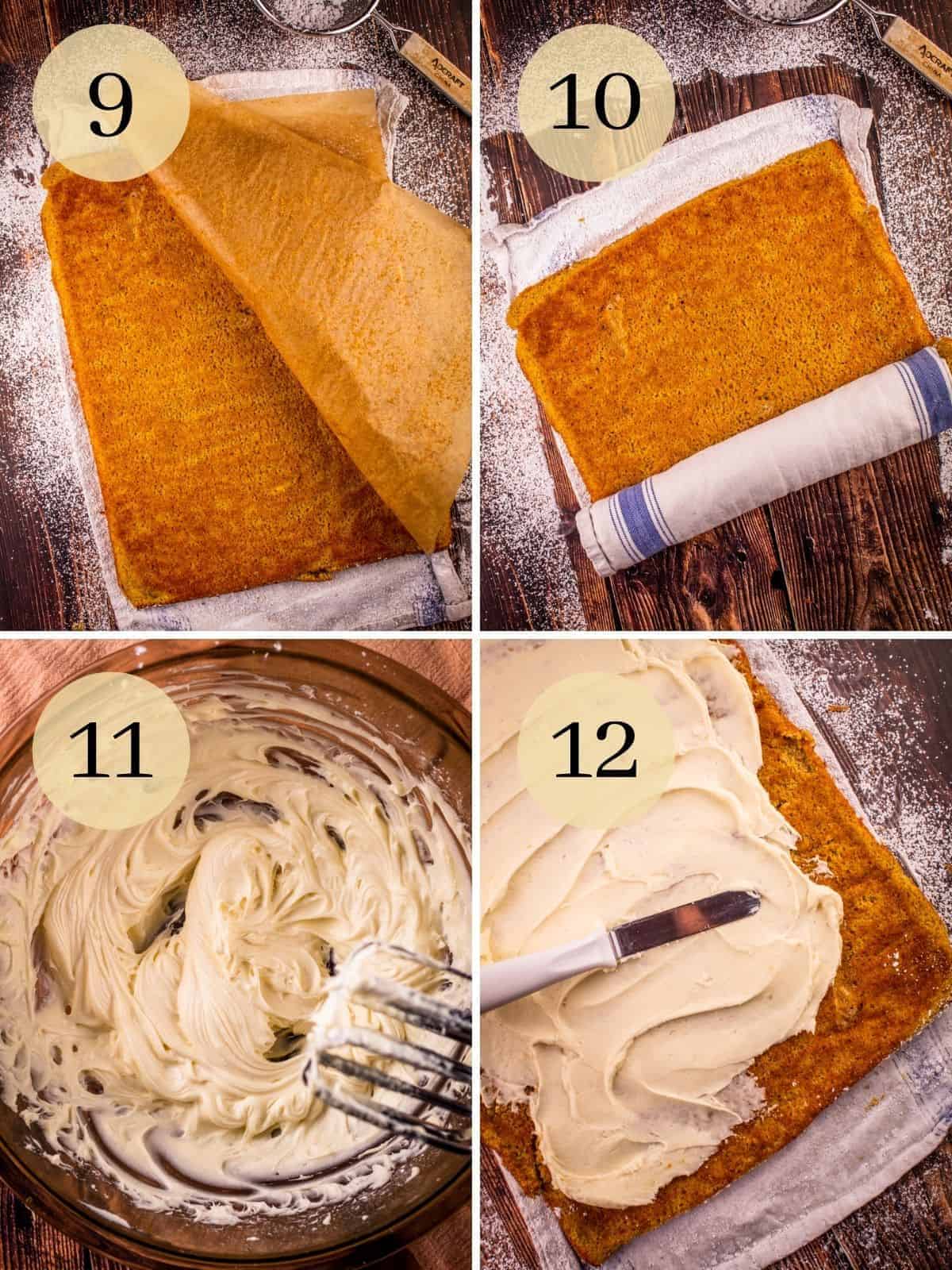 cake with parchment, cake rolled up in a towel, mixing filling and spreading on cake