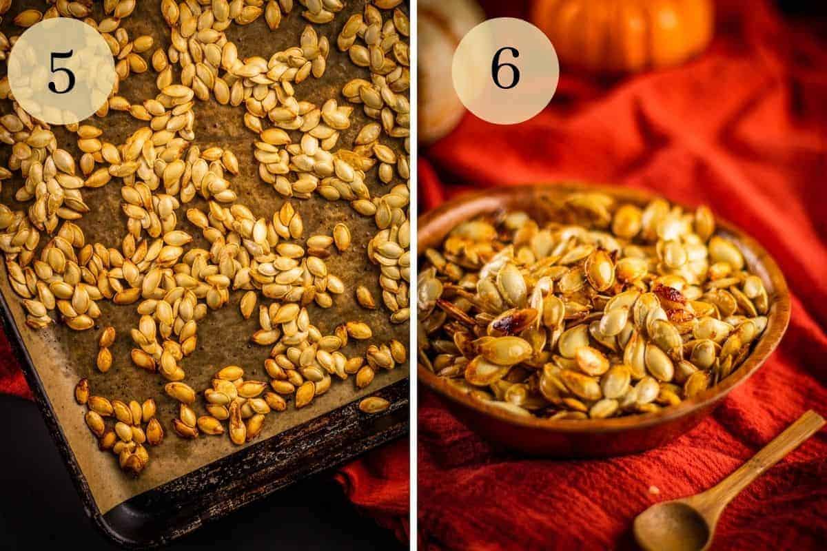 roasted pumpkin seeds on a sheet pan and in a wooden bowl next to a spoon.