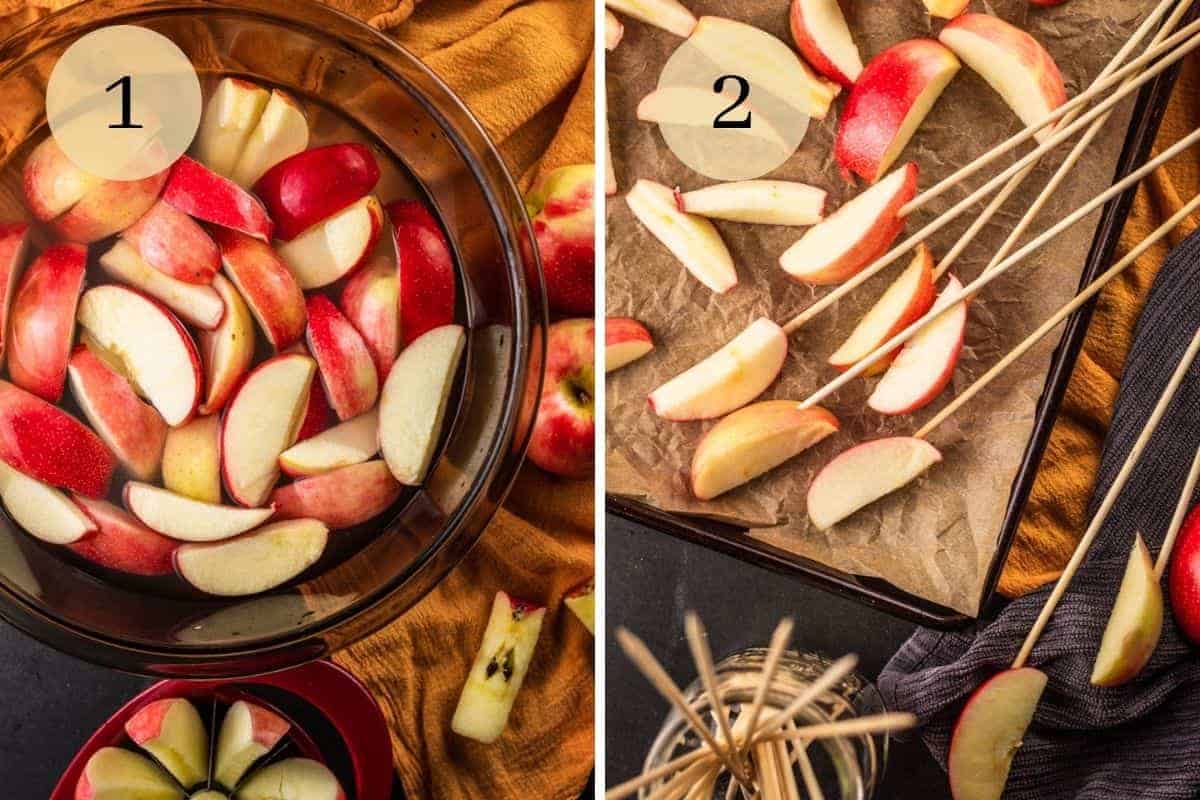 sliced apples in a large bowl of water and on apple slices on bamboo skewers