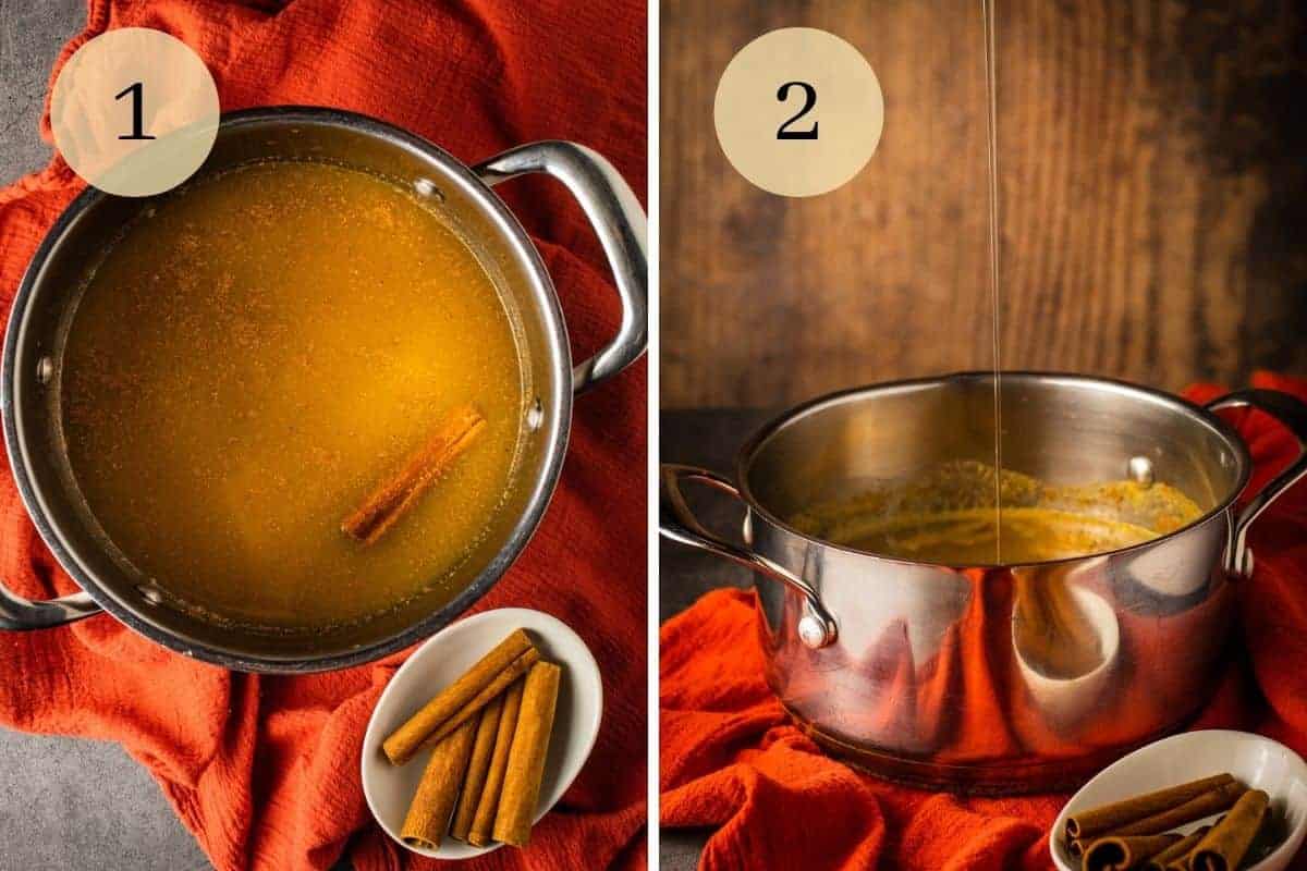 silver pot filled with apple cider and a cinnamon stick and honey drizzling in the pot