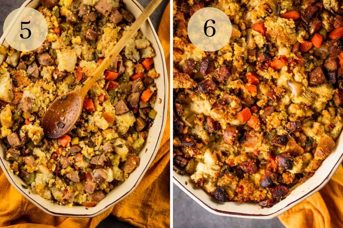 spoon pressing unbaked stuffing down in a baking dish and baked cornbread stuffing in a dish