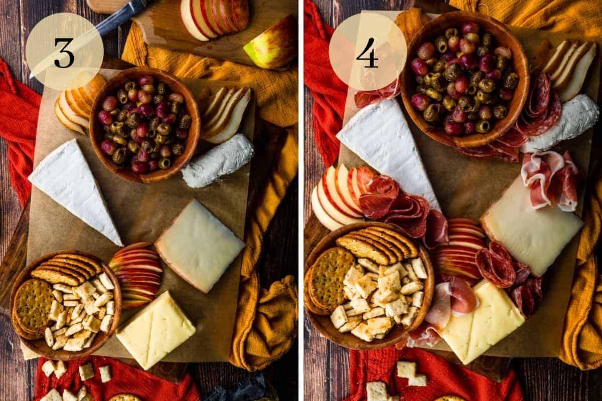 cheeses with sliced fruit, crackers, a bowl of grapes and olives with cured meats tucked in around
