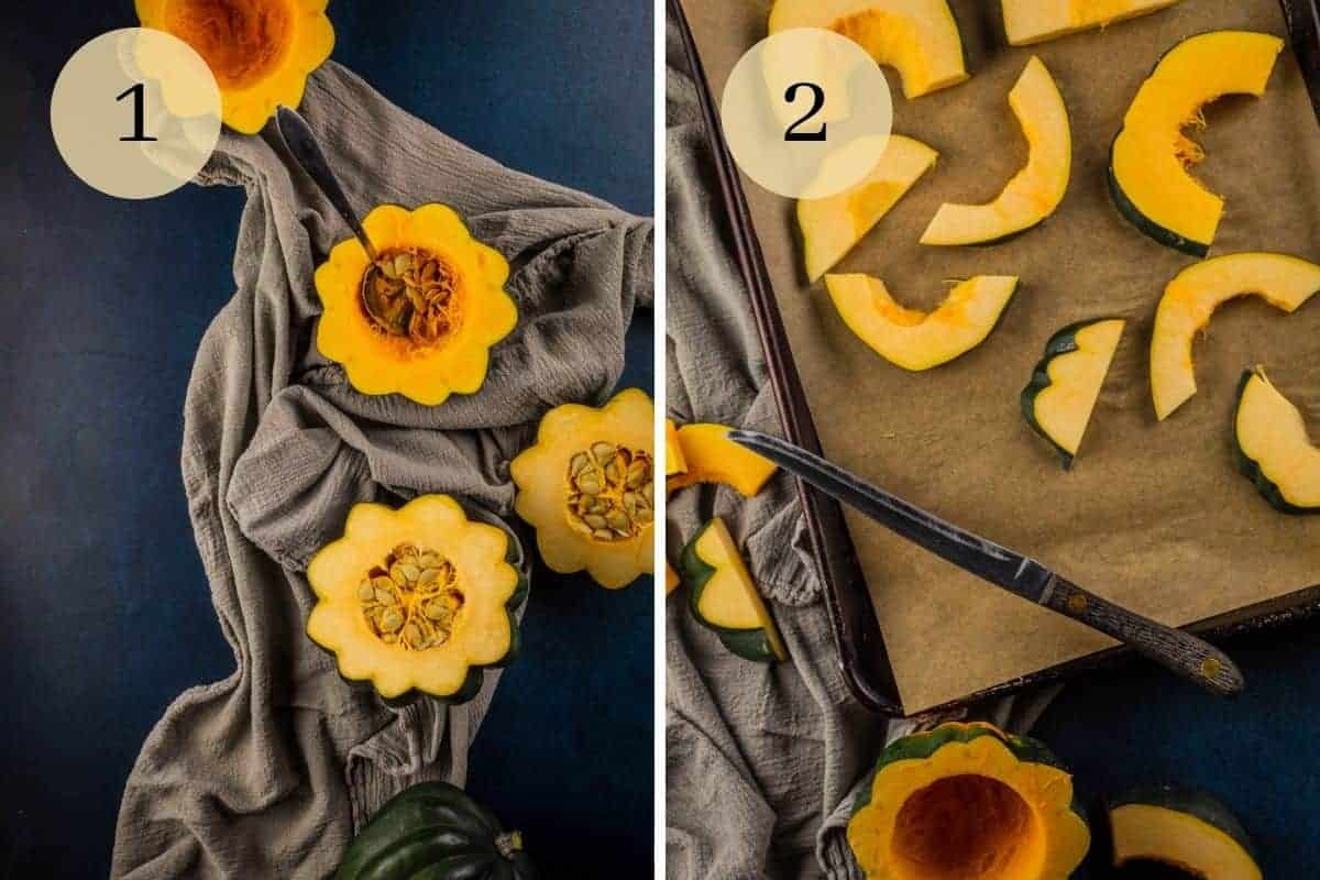 acorn squash halves with a spoon scooping seeds and sliced acorn squash on a sheet pan