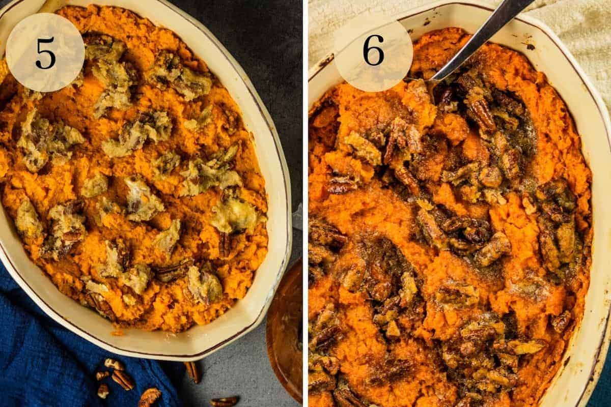 unbaked sweet potato casserole in a dish and freshly baked sweet potato casserole with serving spoon