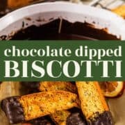 Biscotti with chocolate dripping from it and a basket of chocolate chip biscotti with dried orange slices.