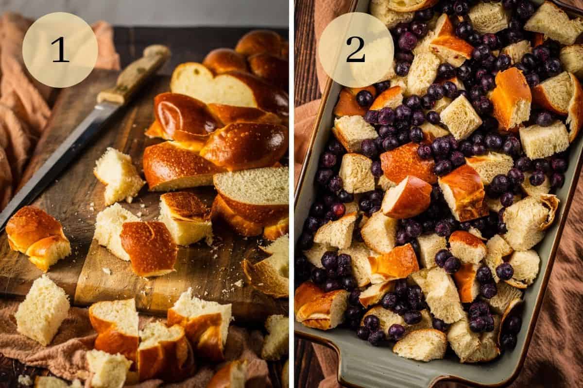 bread cut up on a cutting board and mixed with blueberries in a baking dish