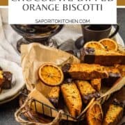 basket of chocolate dipped biscotti with dried orange slices