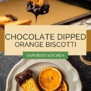 dipping biscotti in chocolate on a plate with dried orange slice