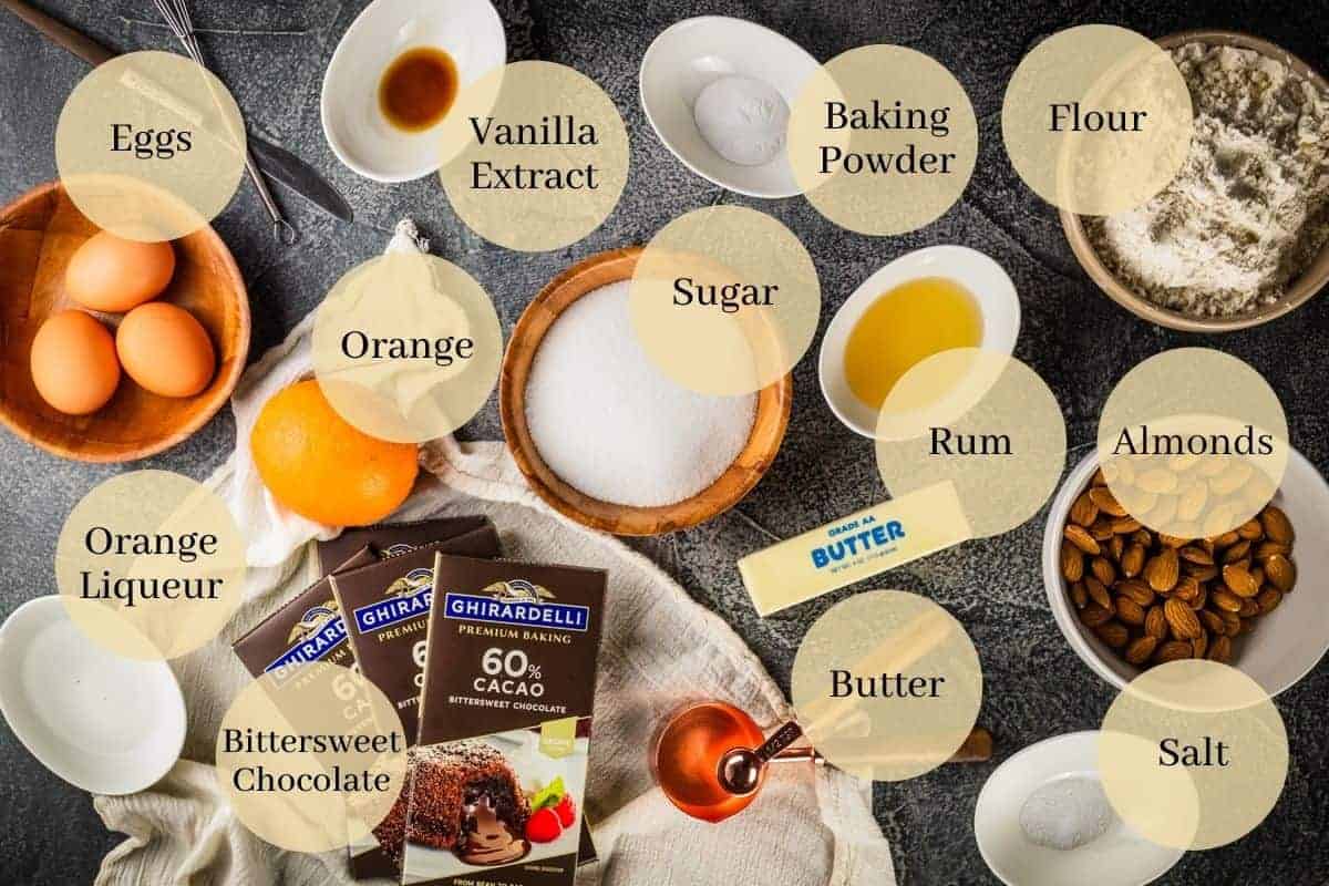 flour, sugar, butter, eggs, baking powder, salt, chocolate, orange, liqueur, rum, almonds, extracts and liqueurs