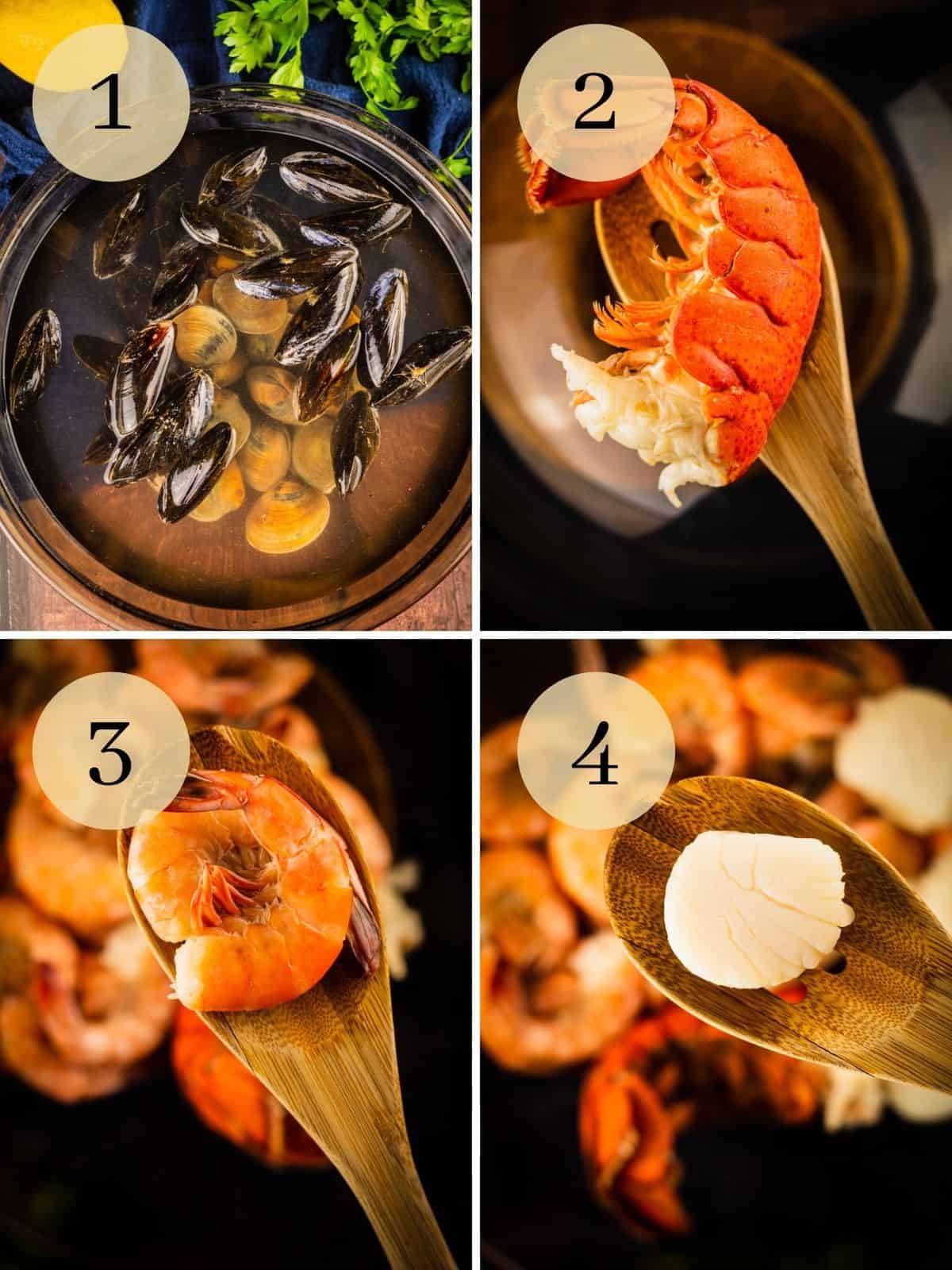 mussels and clams soaking in water and a cooked lobster tail, cook shrimp and cooked scallop