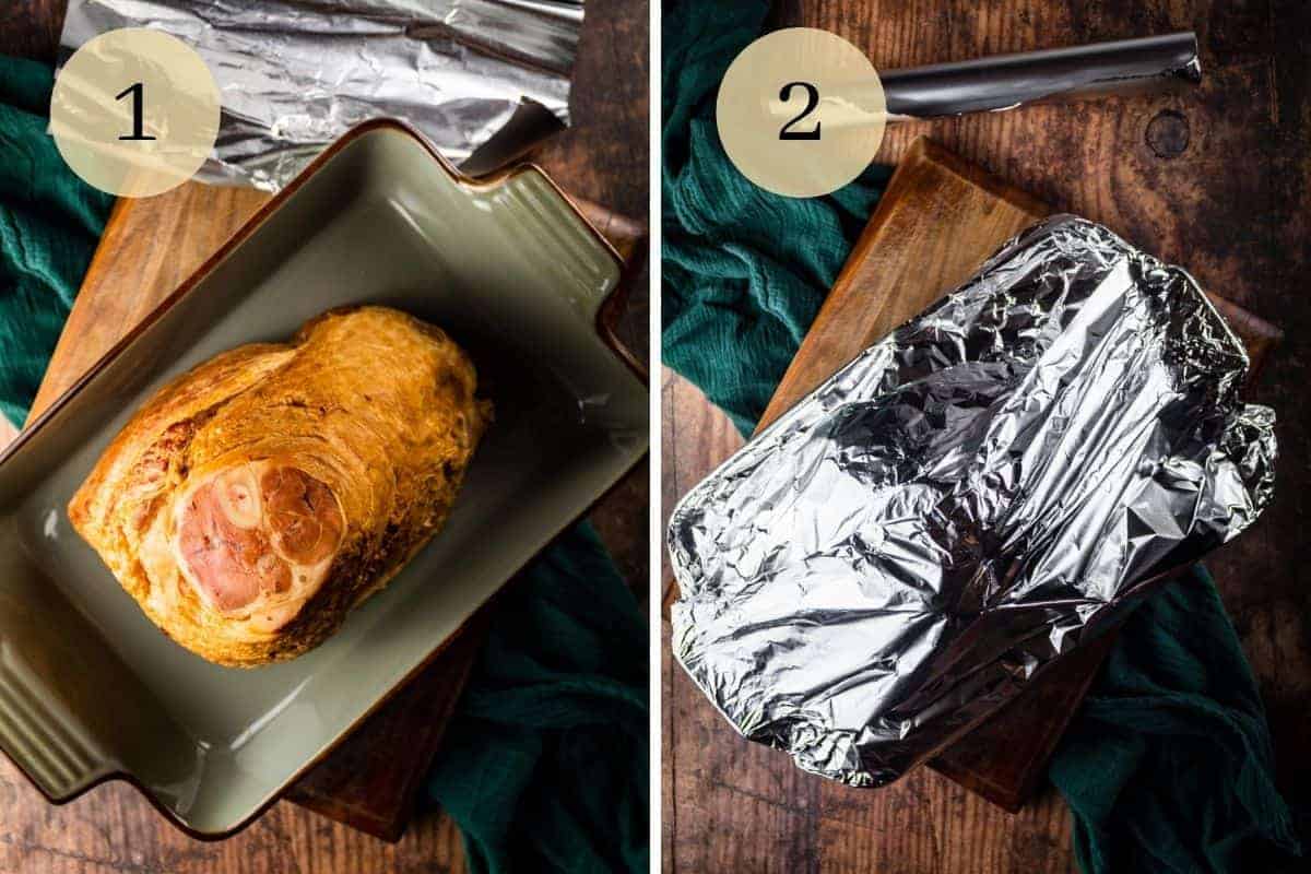 spiral ham in a gray rectangular baking dish and the dish and ham covered in foil