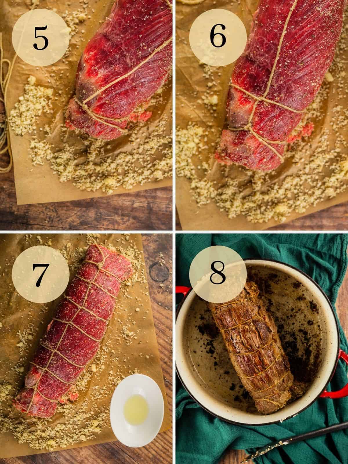 tying up a rolled flank steak with cooking twine and searing it in a dutch oven pot
