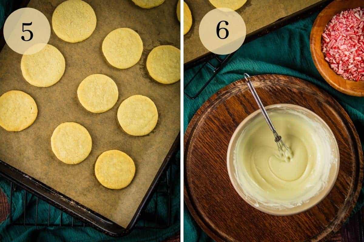 circle cookies on sheet pan and melted chocolate in a tan bowl with small whisk