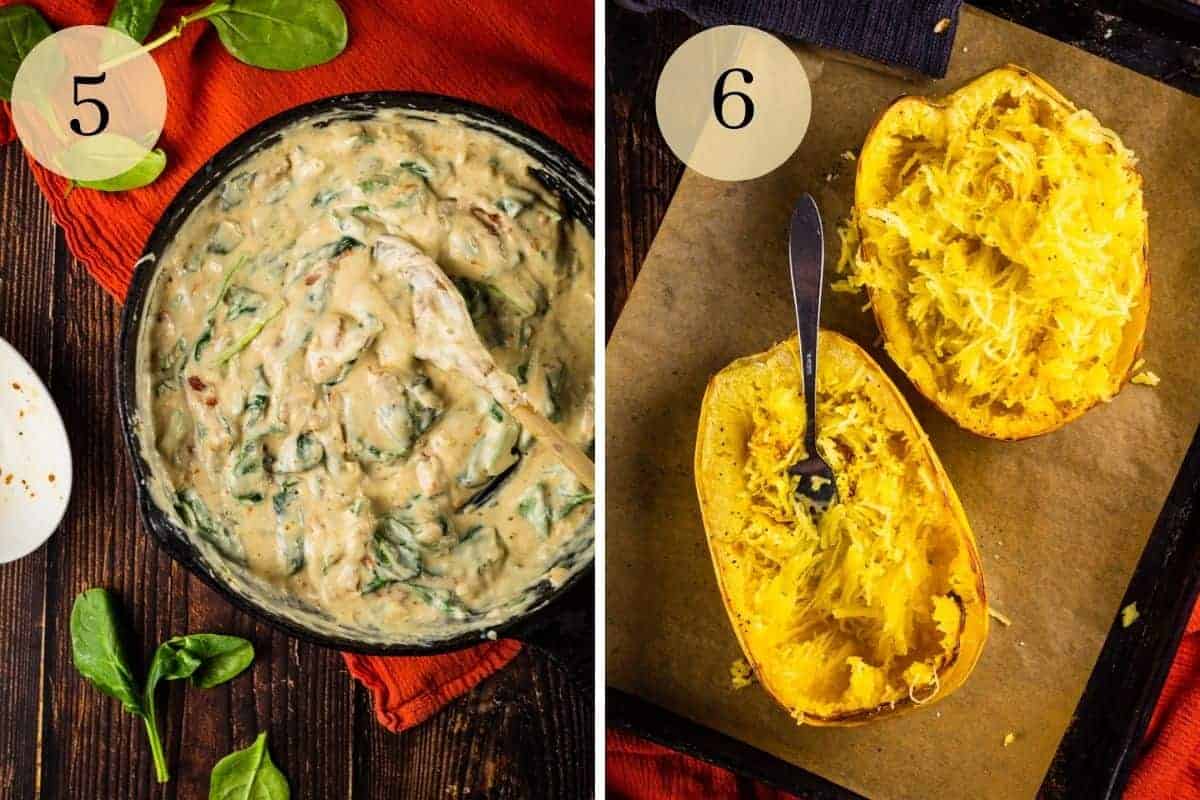stirring spinach and sundried tomatoes in alfredo sauce and baked spaghetti squash with fork scraping strands