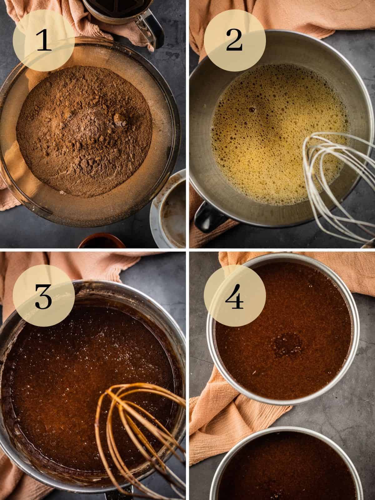 sifted dry ingredients, mixed wet ingredients, finished batter and chocolate batter in cake pans