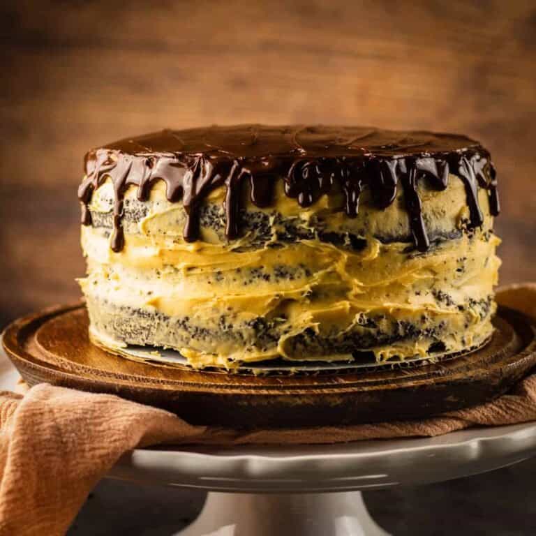 chocolate layer cake with salted caramel frosting and chocolate ganache dripping down the sides