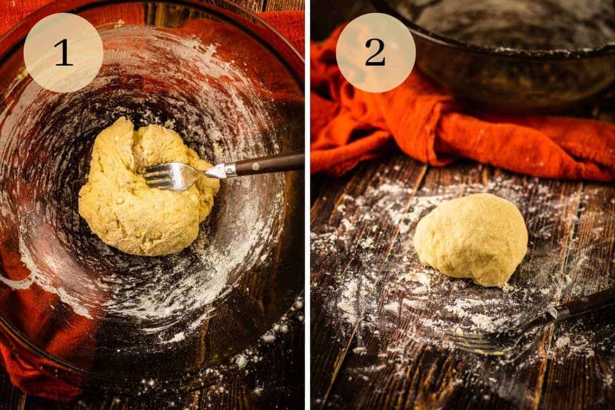 dough mixed in a large bowl with a fork and resting on a floured table