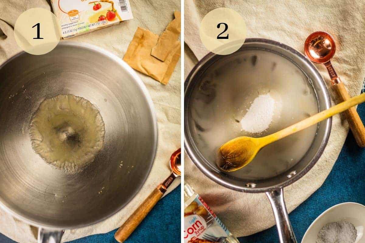 gelatin and water in a bowl and sugar with water in a pot with wooden spoon