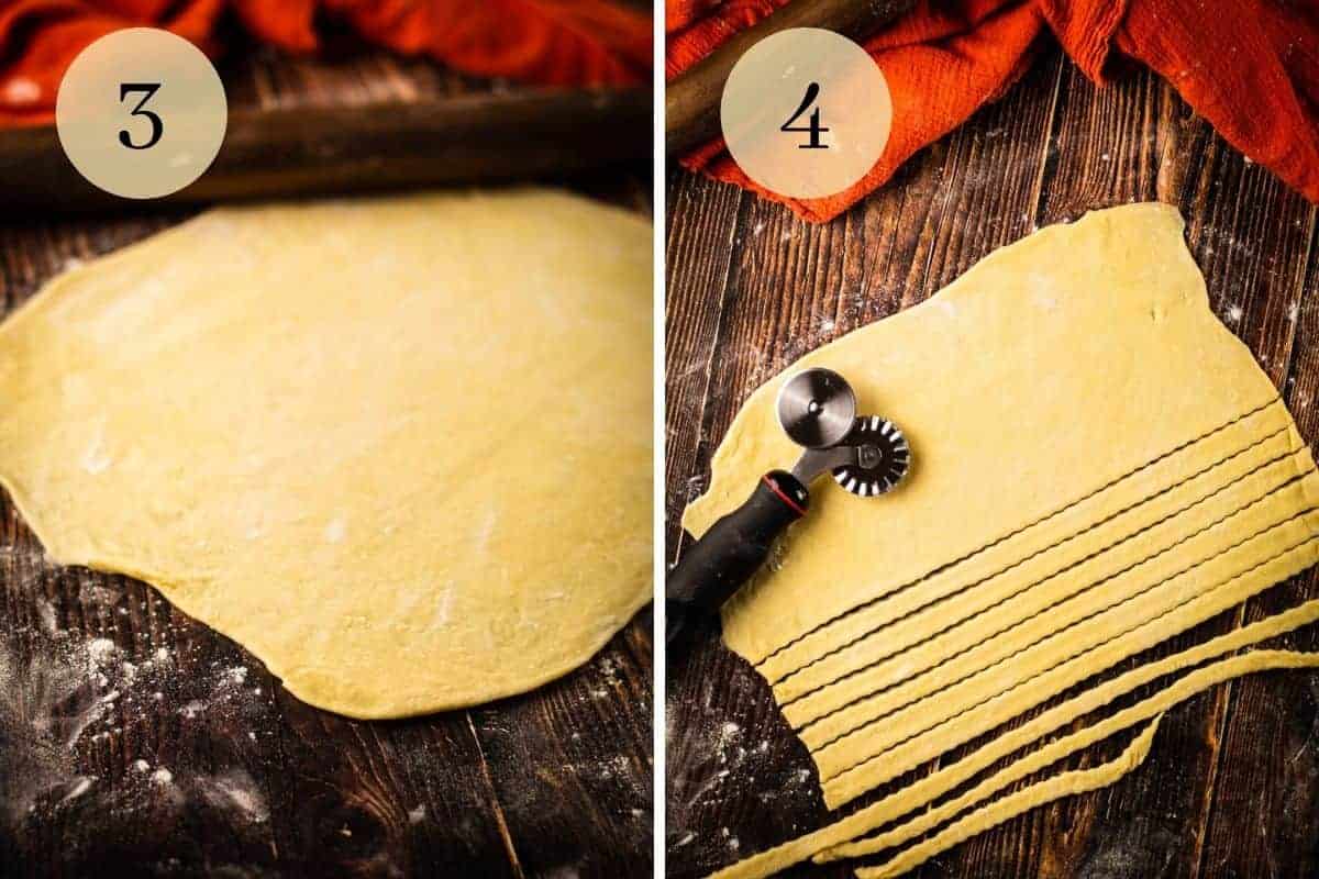 rolled out dough on a table and cut into strips with a pastry wheel