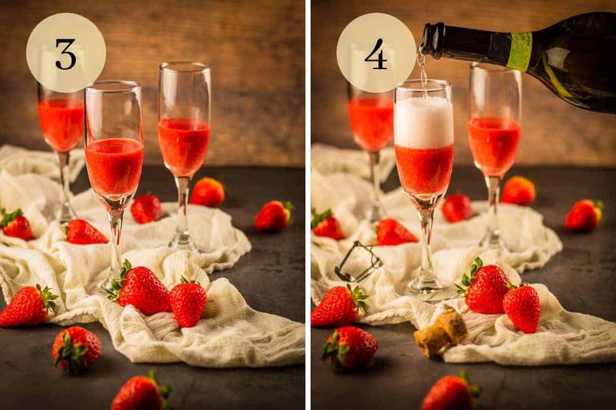 three champagne flutes filled partially with fresh strawberry puree and prosecco being poured into the glasses 
