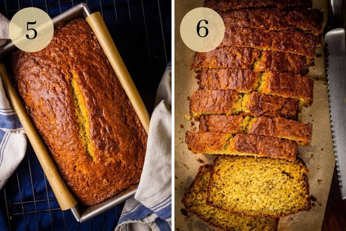 loaf of banana bread on a cooling rack and sliced loaf next to a knife on a cutting board