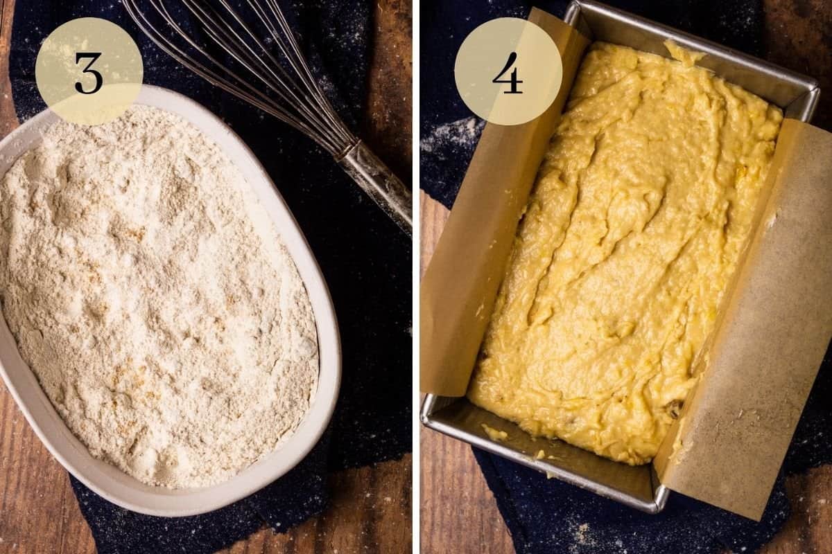 mixed dry ingredients in a white container and banana bread batter in a loaf pan