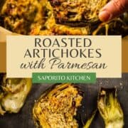 roasted artichokes with filled with parmesan cheese on a table and being held by a hand