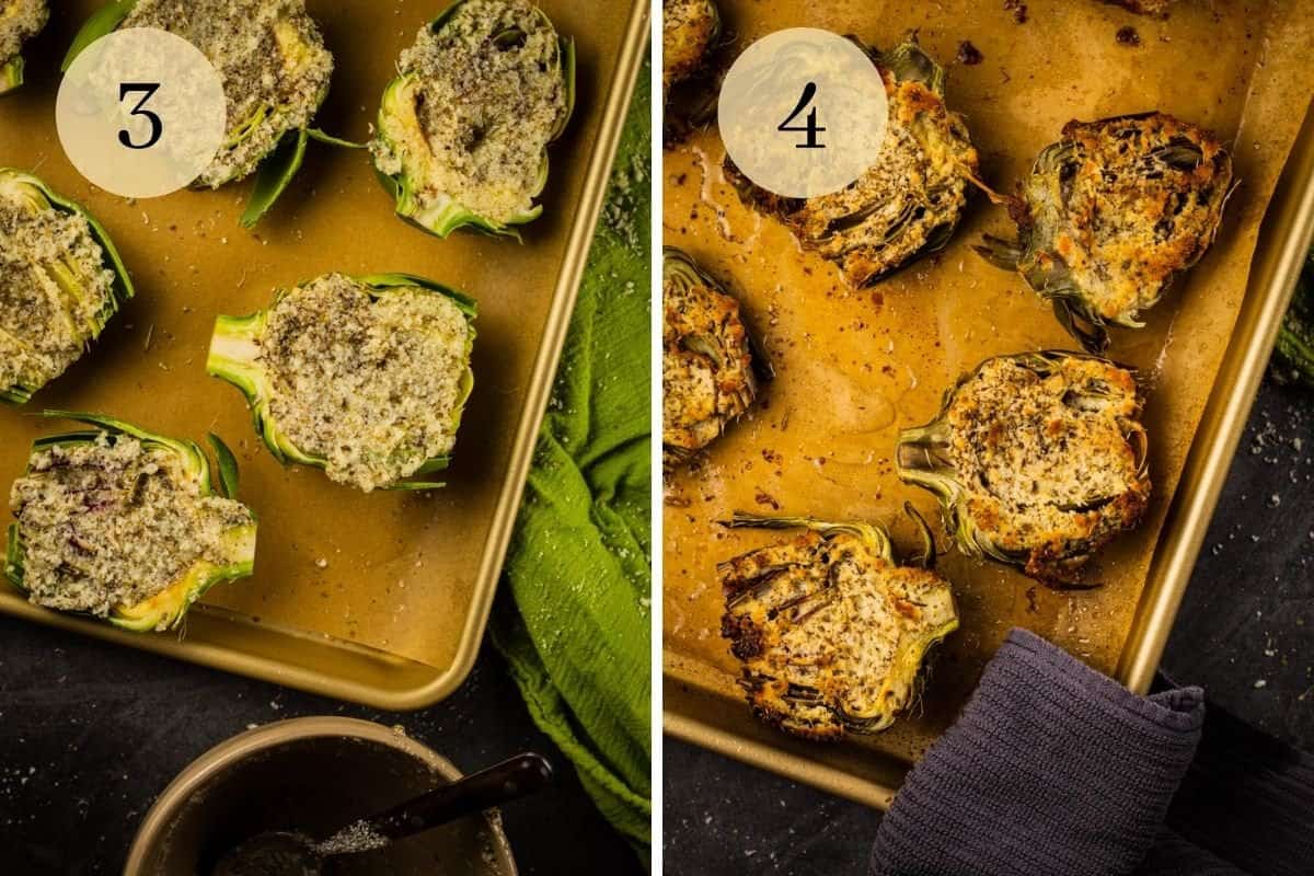 halved artichokes on a sheet pan covered in parmesan cheese mixture and freshly roasted artichokes halves