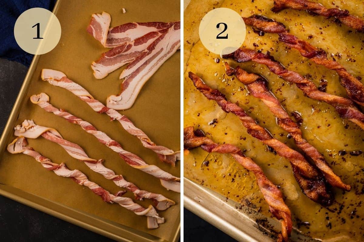 bacon strips twisted on a sheet pan and cooked bacon twists in grease on sheet pan
