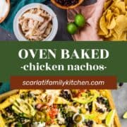 ingredients to make nachos and finished baked nachos on a sheet pan with toppings.