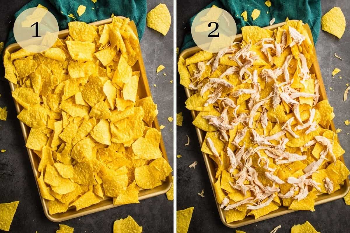 tortilla chips spread on a sheet pan and shredded chicken layered on the tortilla chips