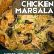 creamy chicken marsala in a crock pot being stirred by a wooden spoon