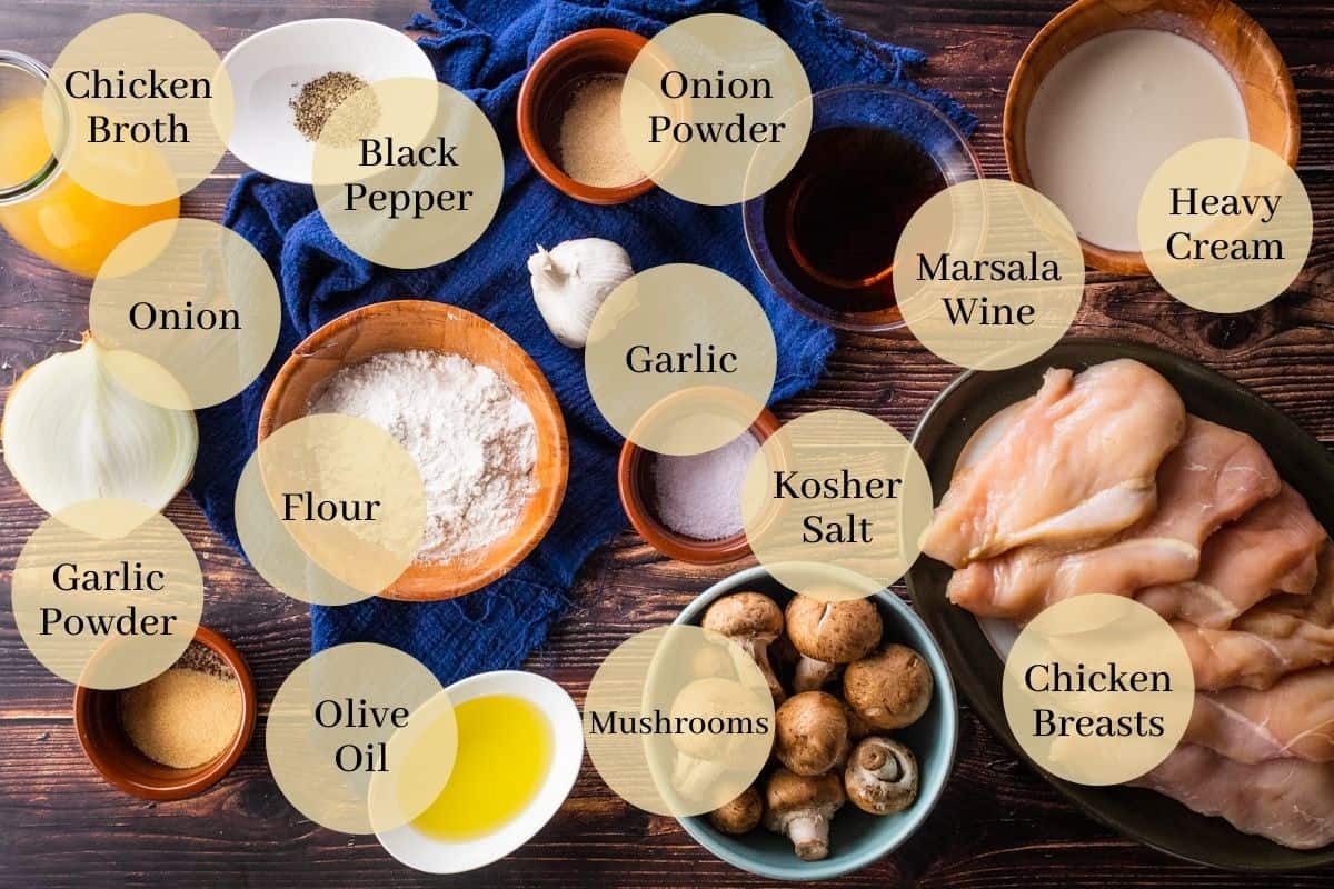 chicken, mushrooms, heavy cream, marsala wine, seasonings, onion, garlic, flour and oil